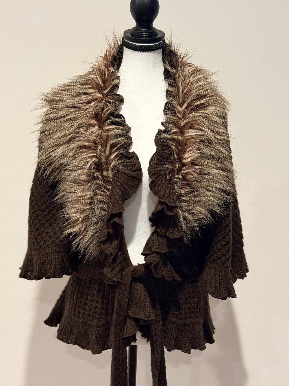Tempo Paris Brown Knit Shawl Cardigan with Faux Fur Trim